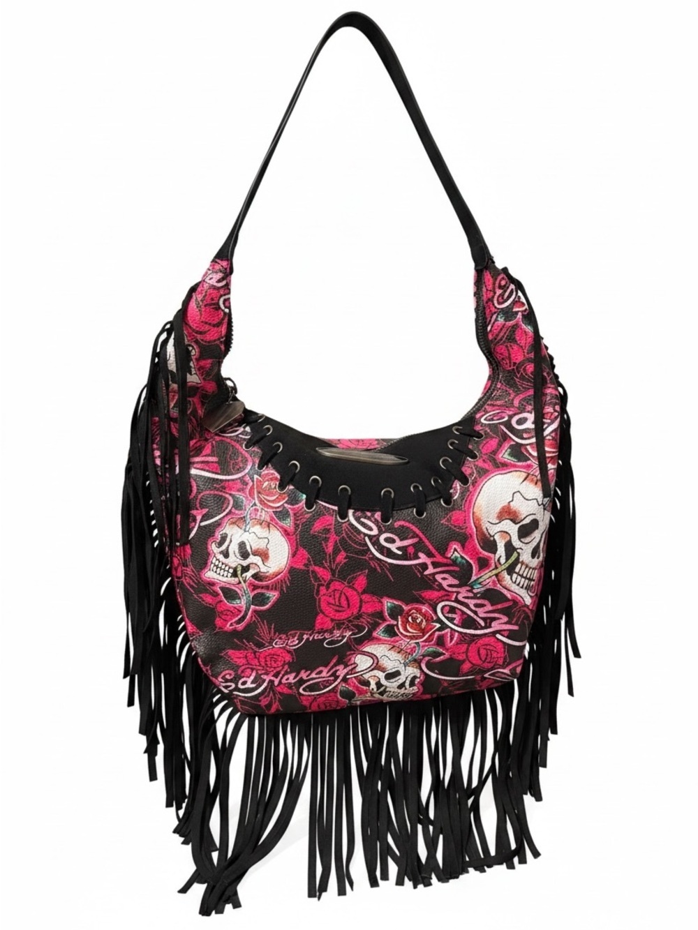 Ed Hardy Edgy Pink Skull Fringe Hobo Shoulder Bag